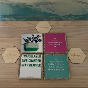 ARBONNE logo’d wood & tile coaster set NEW